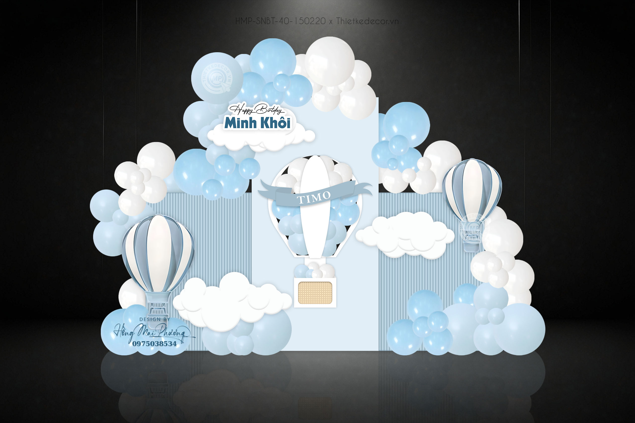 Sinh nhật bé trai tone xanh pastel và trắng, mây và khinh khí cầu